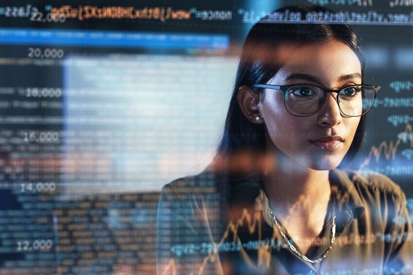 Software, coding hologram and woman in data analytics, information technology and gdpr overlay. Prog